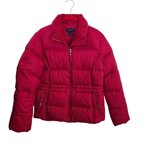 Lands' End Red Down Mock Neck Puffer Jacket Snap Pockets Full Zip Size S - Picture 1 of 5